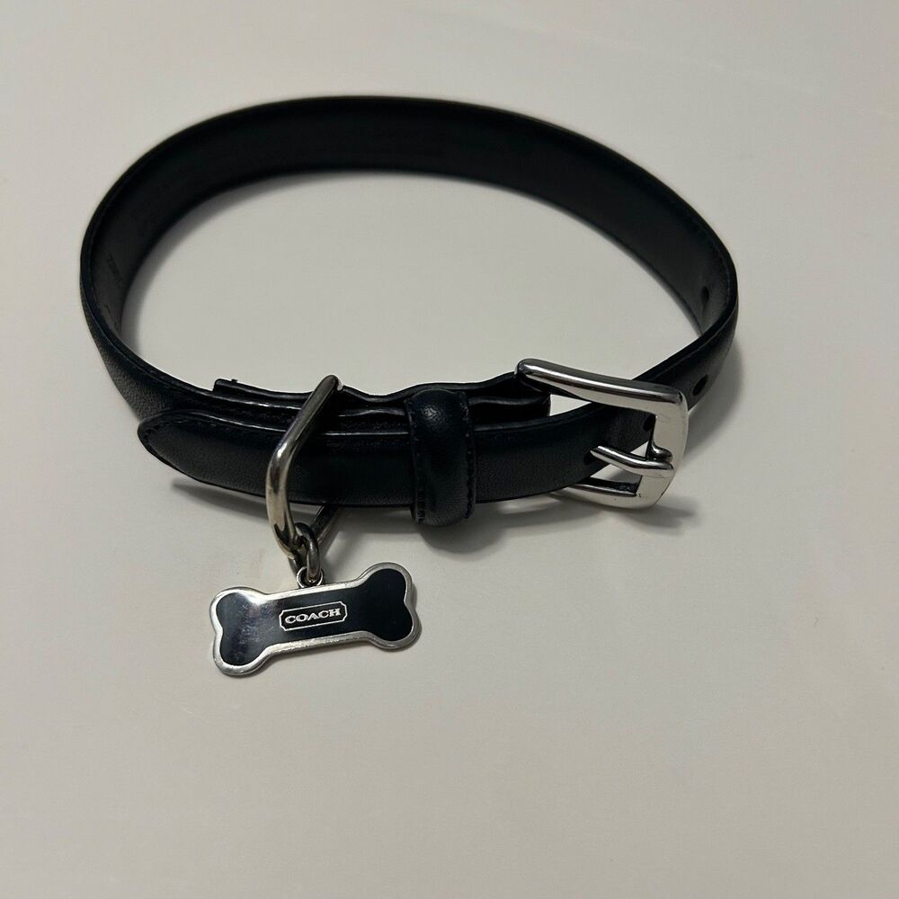 Coach 7692 Dog Collar Black Leather Small S 11-13" Bone Charm Tag Silver Tone